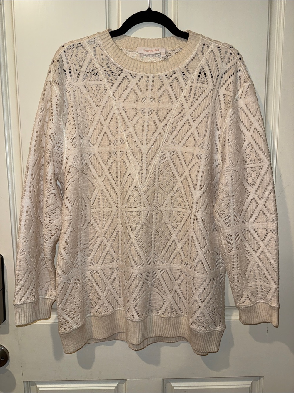 See By Chloe Cream Openwork Scoop-Neck Pullover Sweater